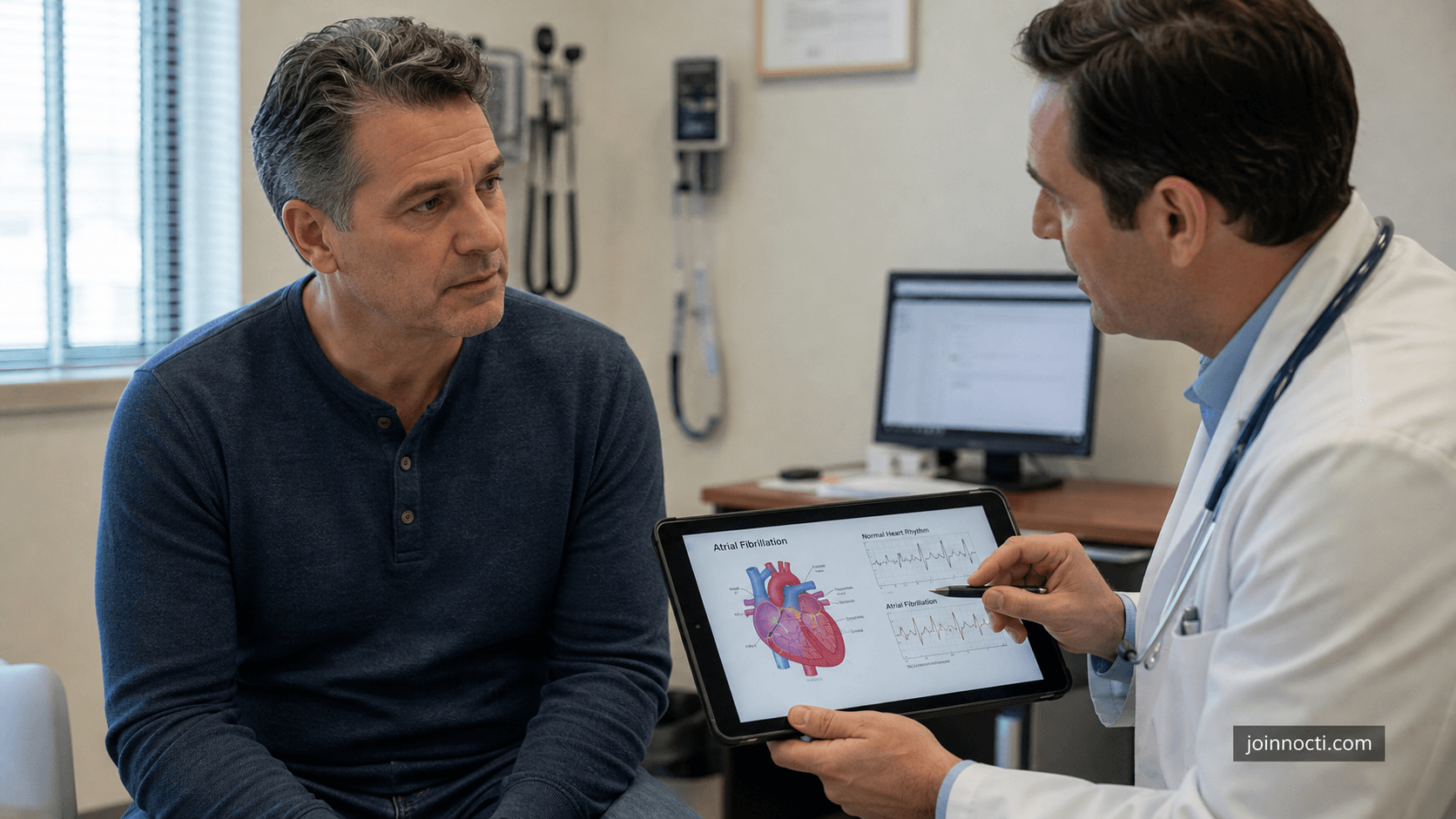 Photorealistic NOCTI editorial image of a middle-aged man discussing an atrial fibrillation heart-rhythm diagram with a cardiologist