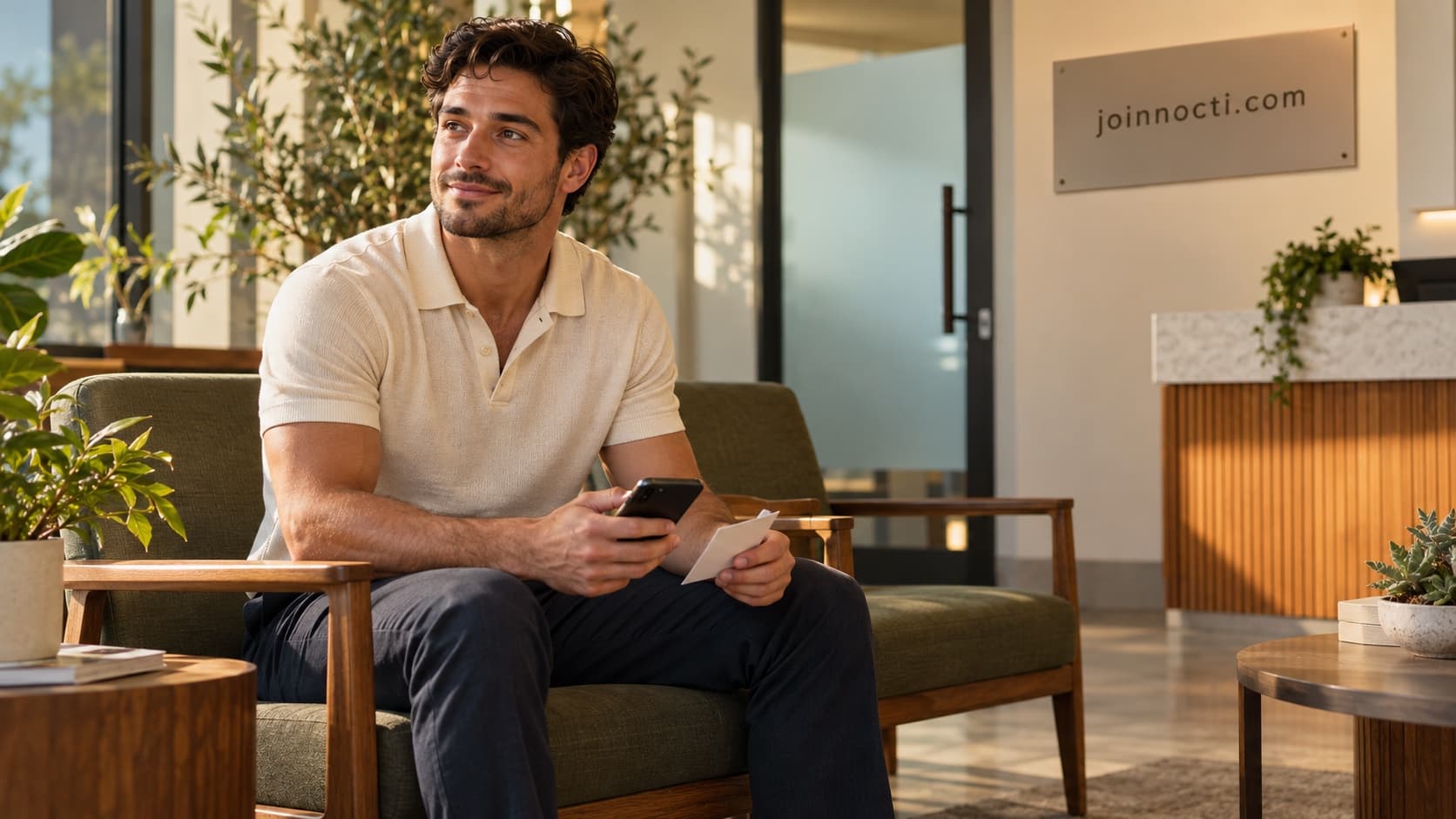 An adult man holding a phone and appointment card in a warm, private clinic waiting room