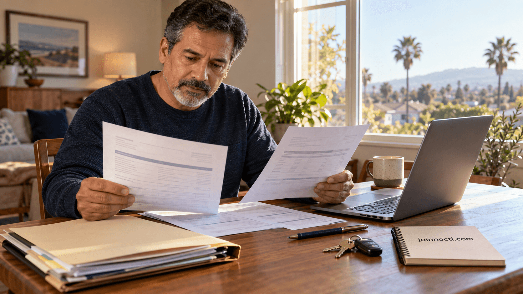 California veteran homeowner reviewing property-tax and benefit-rating documents at a dining table