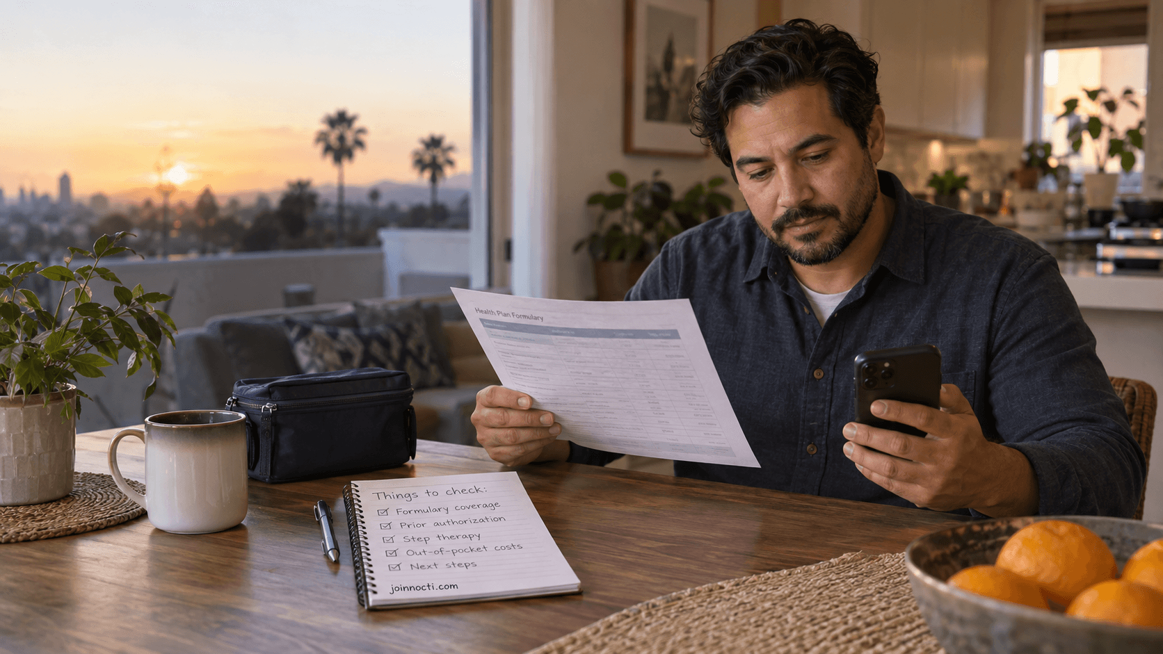 Adult man at a Southern California kitchen table comparing a generic health-plan formulary, a five-item checklist and a pharmacy coverage screen