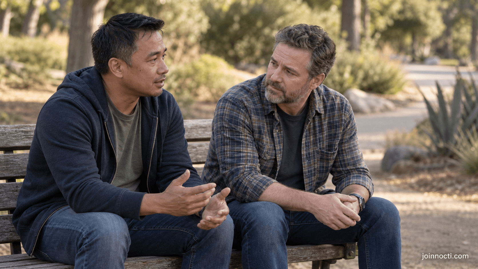 Two male friends having a quiet, attentive conversation on a shaded Southern California park bench