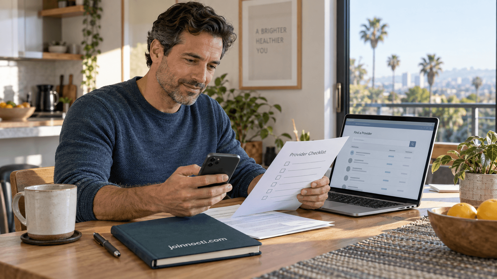 Adult man comparing a generic health-plan provider directory with a printed checklist at a sunlit Southern California table