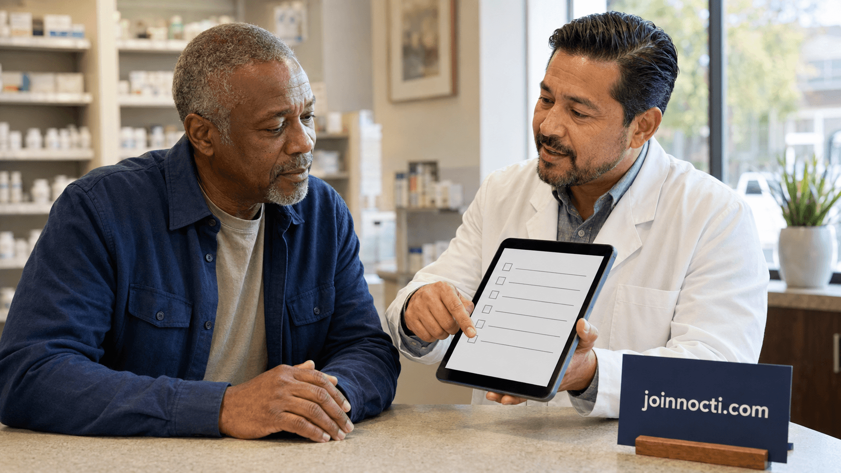 Older man reviewing a blank vaccination checklist with a pharmacist at a neighborhood pharmacy