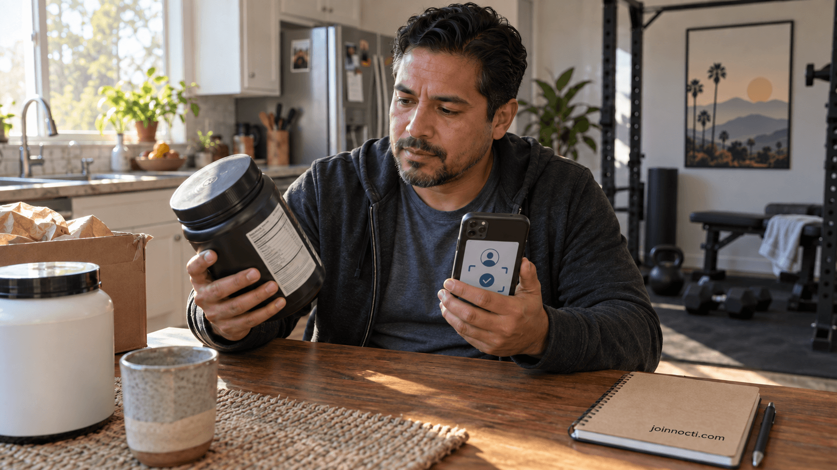 California father comparing a generic supplement label with an age-verification screen at a Southern California kitchen table