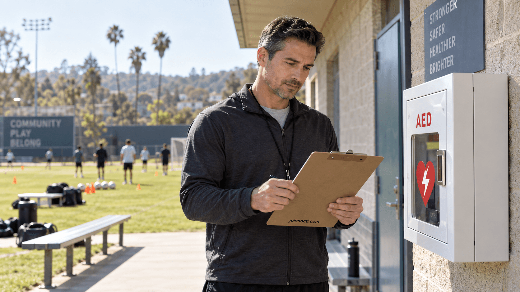 Fully clothed adult coach reviewing an emergency checklist beside a wall-mounted AED cabinet at a sunny Southern California sports field