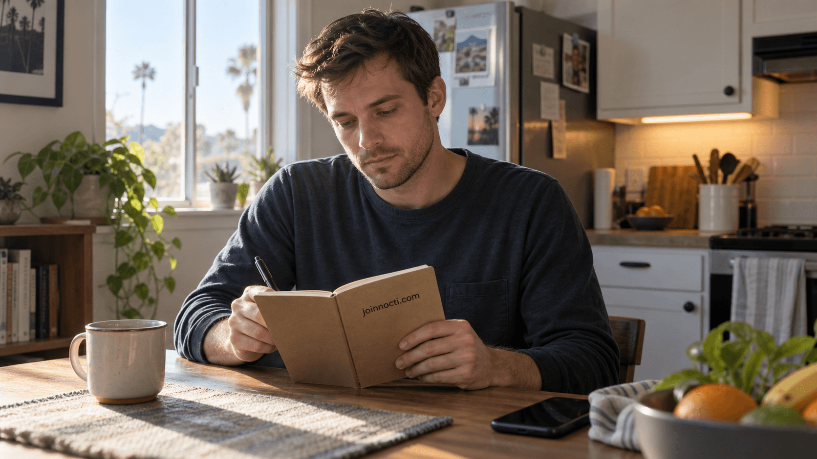 Man in a sunlit kitchen recording his energy pattern in a notebook after waking