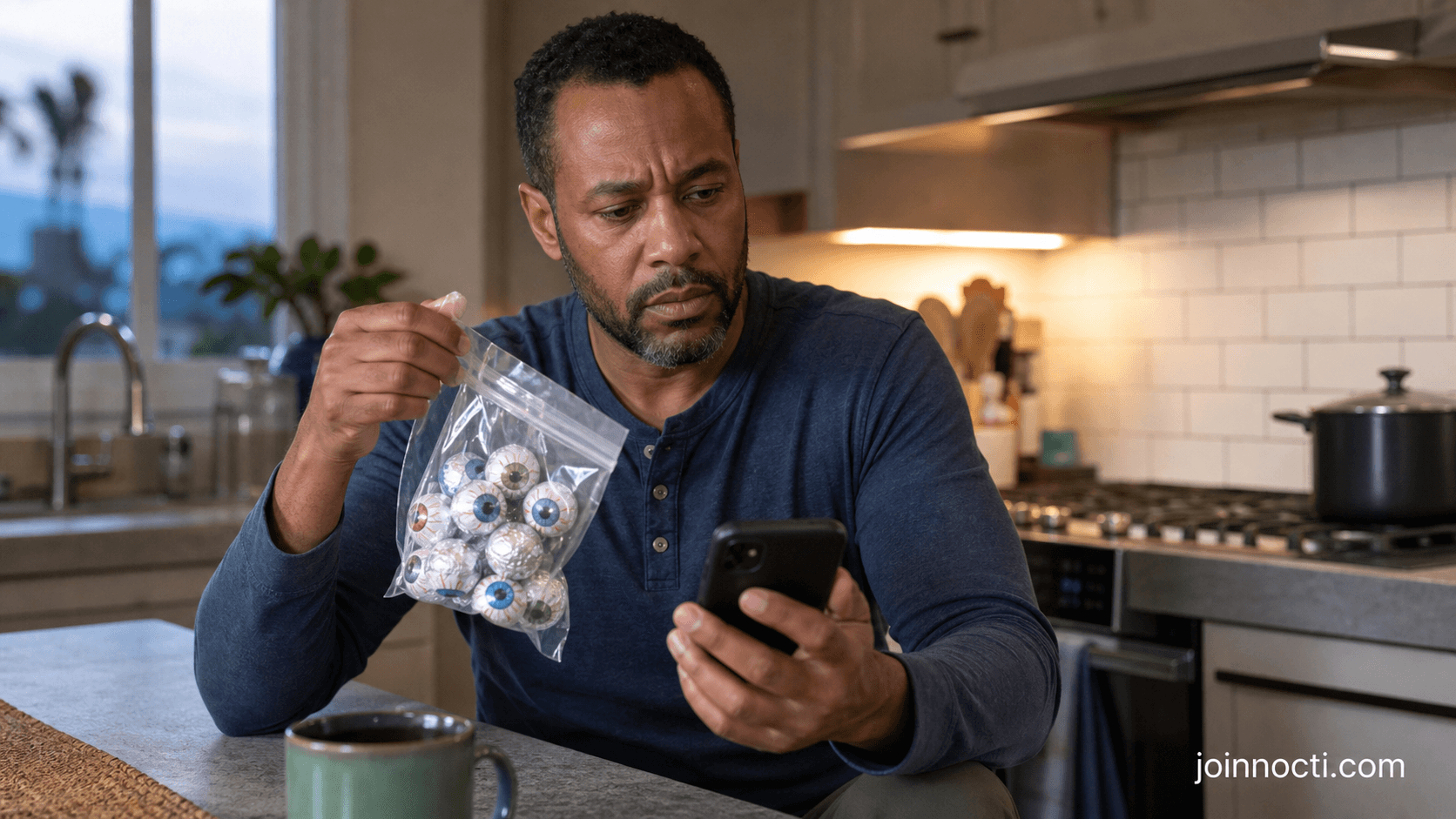 Black man at a kitchen counter comparing an unbranded bag of eyeball-shaped chocolate candy with a recall alert on his phone