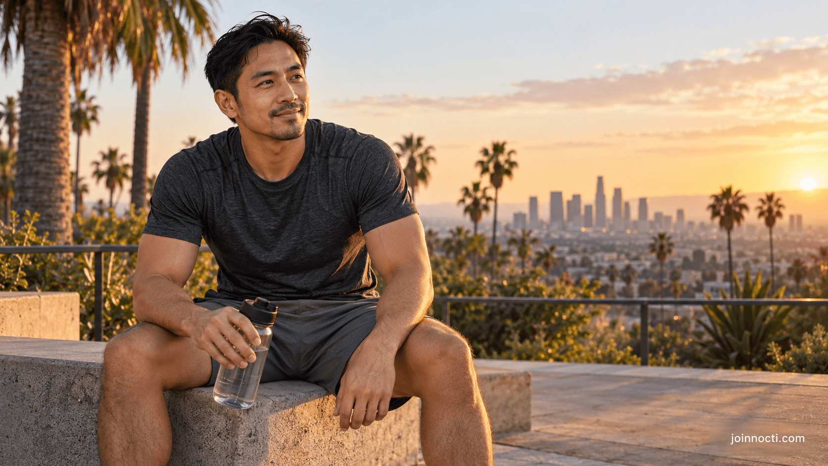 Fit adult man taking a quiet recovery break at a Los Angeles overlook during golden hour