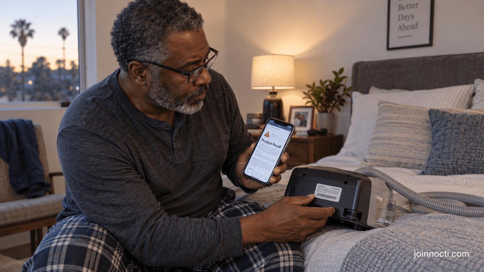 Man checking the serial-number label on a generic home sleep-therapy machine while reading a recall notice