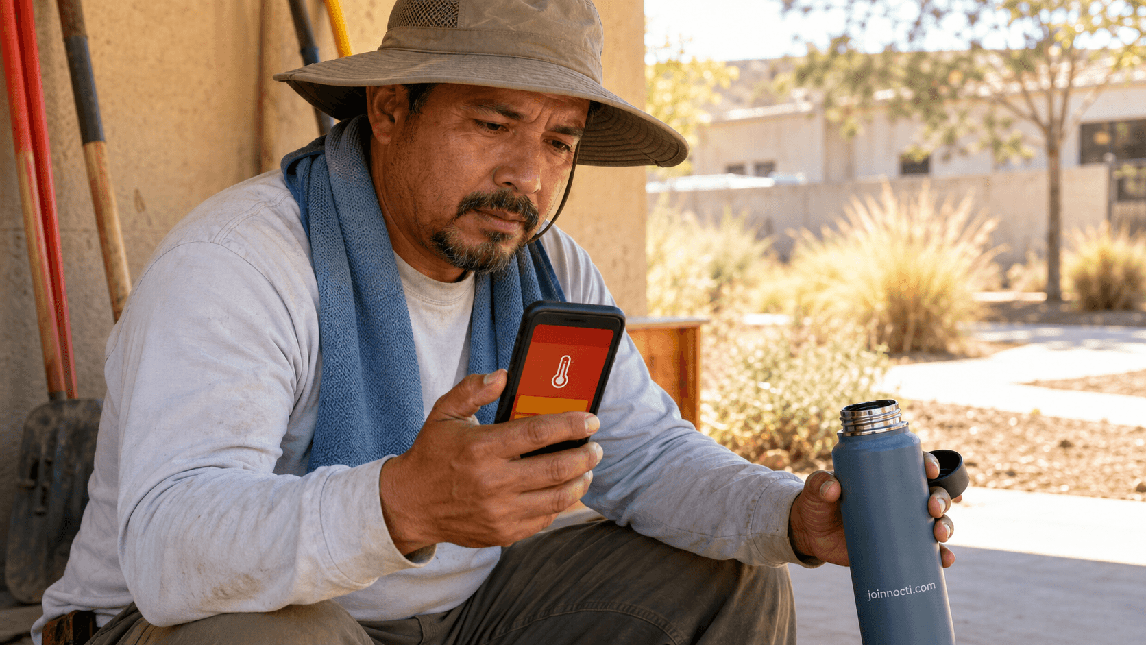Southern California landscaping worker taking a shaded water break while checking a heat alert on his phone