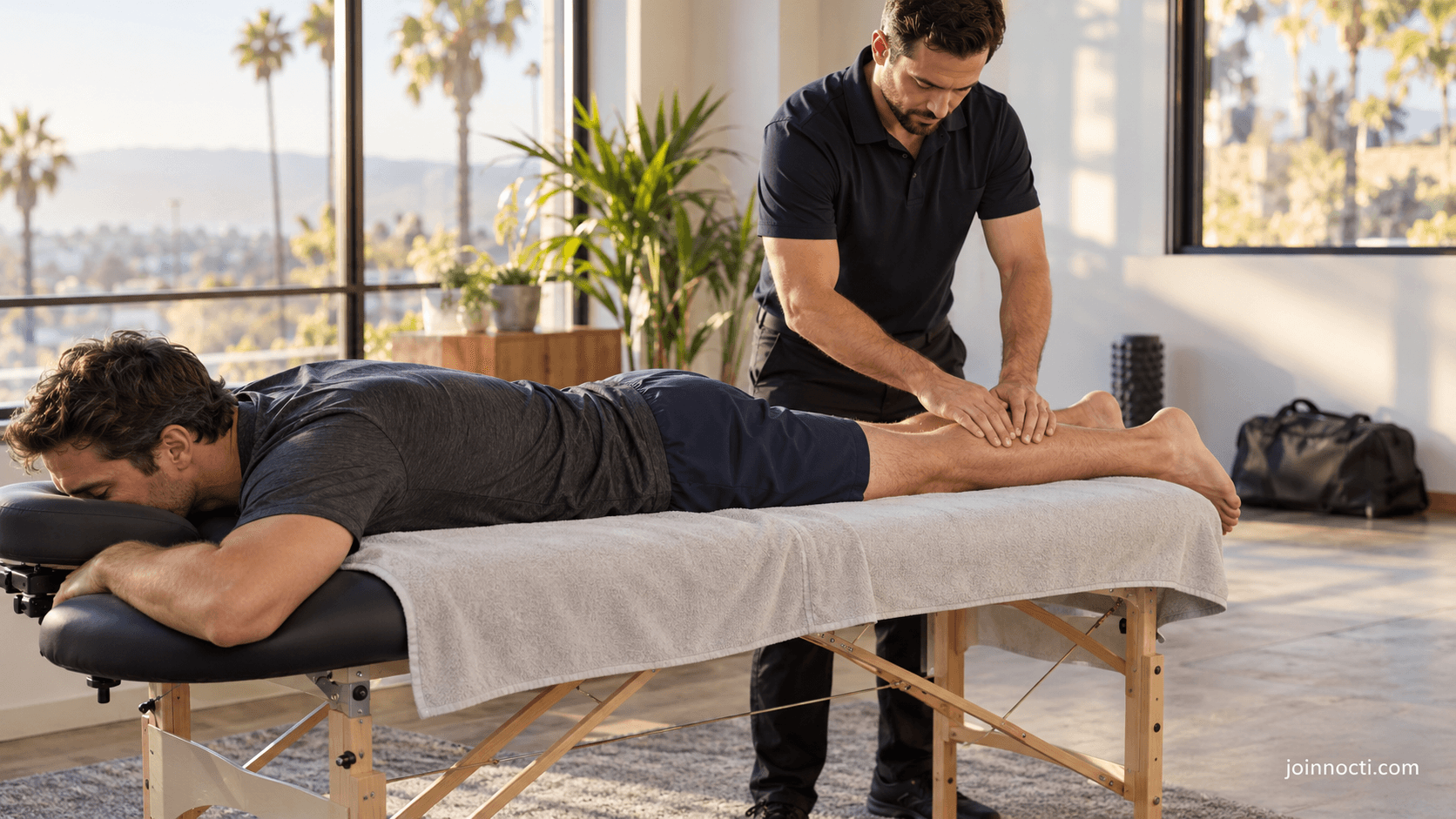 Male recreational athlete receiving professional calf-focused sports massage after a workout