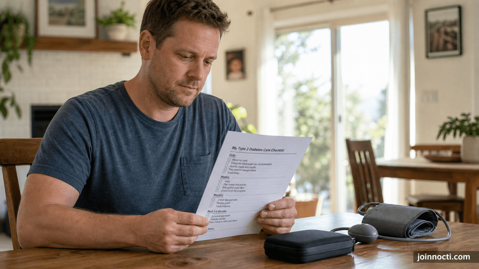 Man at a home table reviewing a type 2 diabetes care checklist beside an unbranded blood-pressure cuff and closed glucose meter case