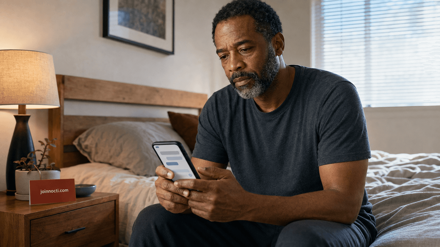 Middle-aged man in a bedroom reconsidering generic chatbot advice about possible sleep-apnea symptoms on his phone