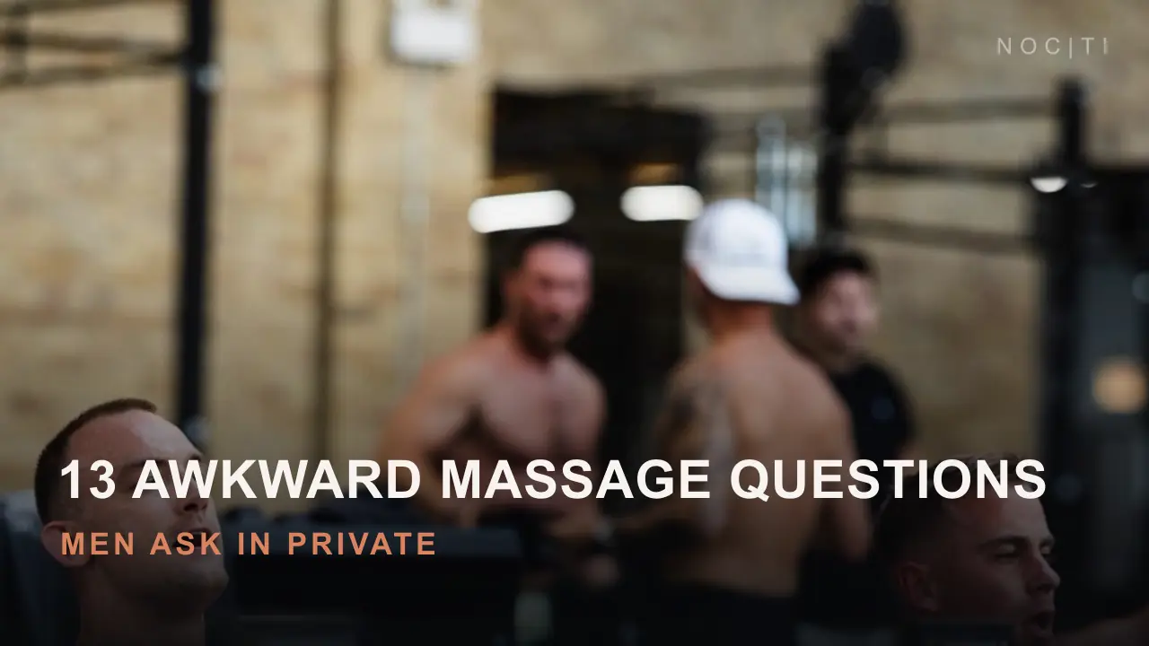 Adult men using rowing machines beneath the title 13 Awkward Massage Questions Men Ask in Private