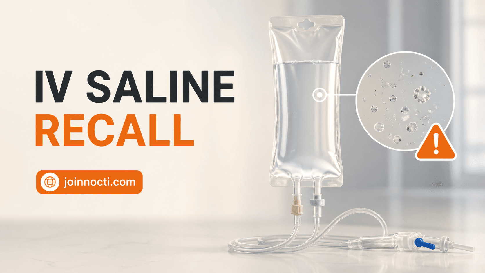 NOCTI editorial illustration reading IV Saline Recall beside a generic IV bag and magnified particles