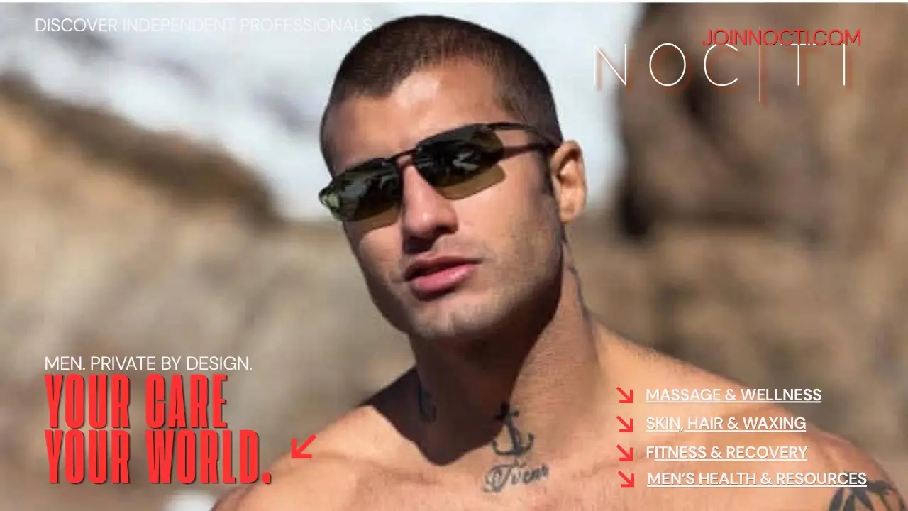 NOCTI editorial banner with an adult male model for a guide to choosing massage in Los Angeles