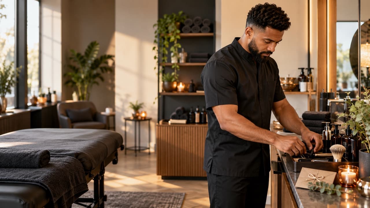 Independent men’s care professional preparing clean massage and grooming equipment for holiday appointments