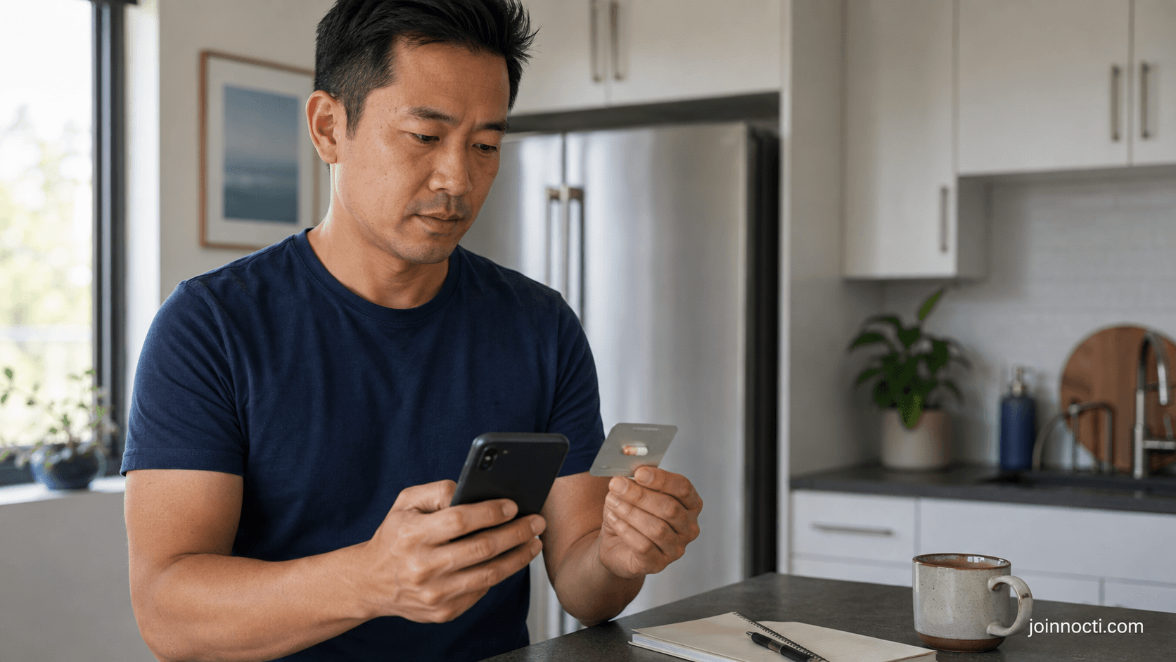 Man in a home kitchen comparing a generic single-capsule blister card with a recall notice on his phone