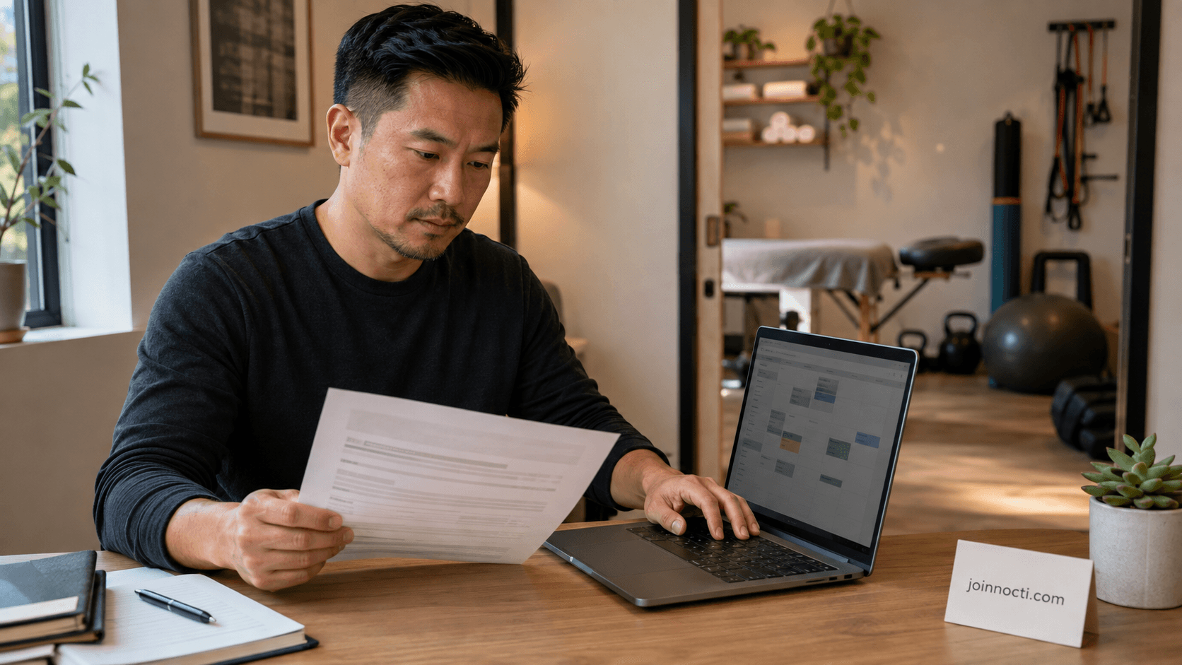California massage therapist reviewing a generic contractor agreement and work schedule in a shared wellness studio