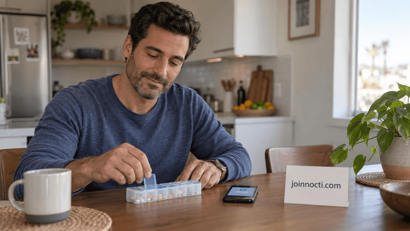Adult man calmly organizing daily medication at a private kitchen table in a realistic NOCTI editorial image