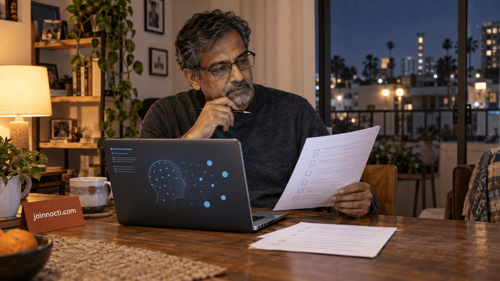 Middle-aged man at a Southern California dining table comparing a generic AI screen with a printed review checklist