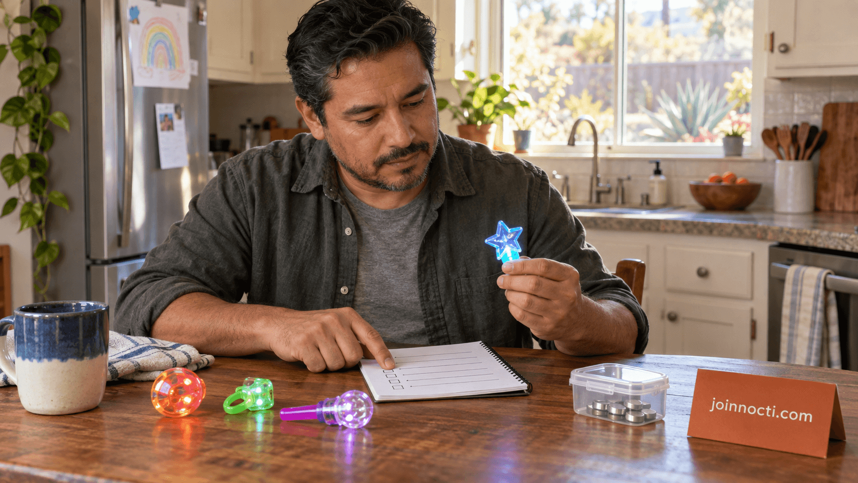 Father checking generic light-up party toys against a recall list at a kitchen table