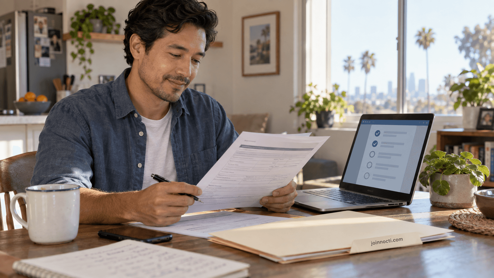 California worker reviewing a generic disability-benefits medical certification and online claim checklist at home