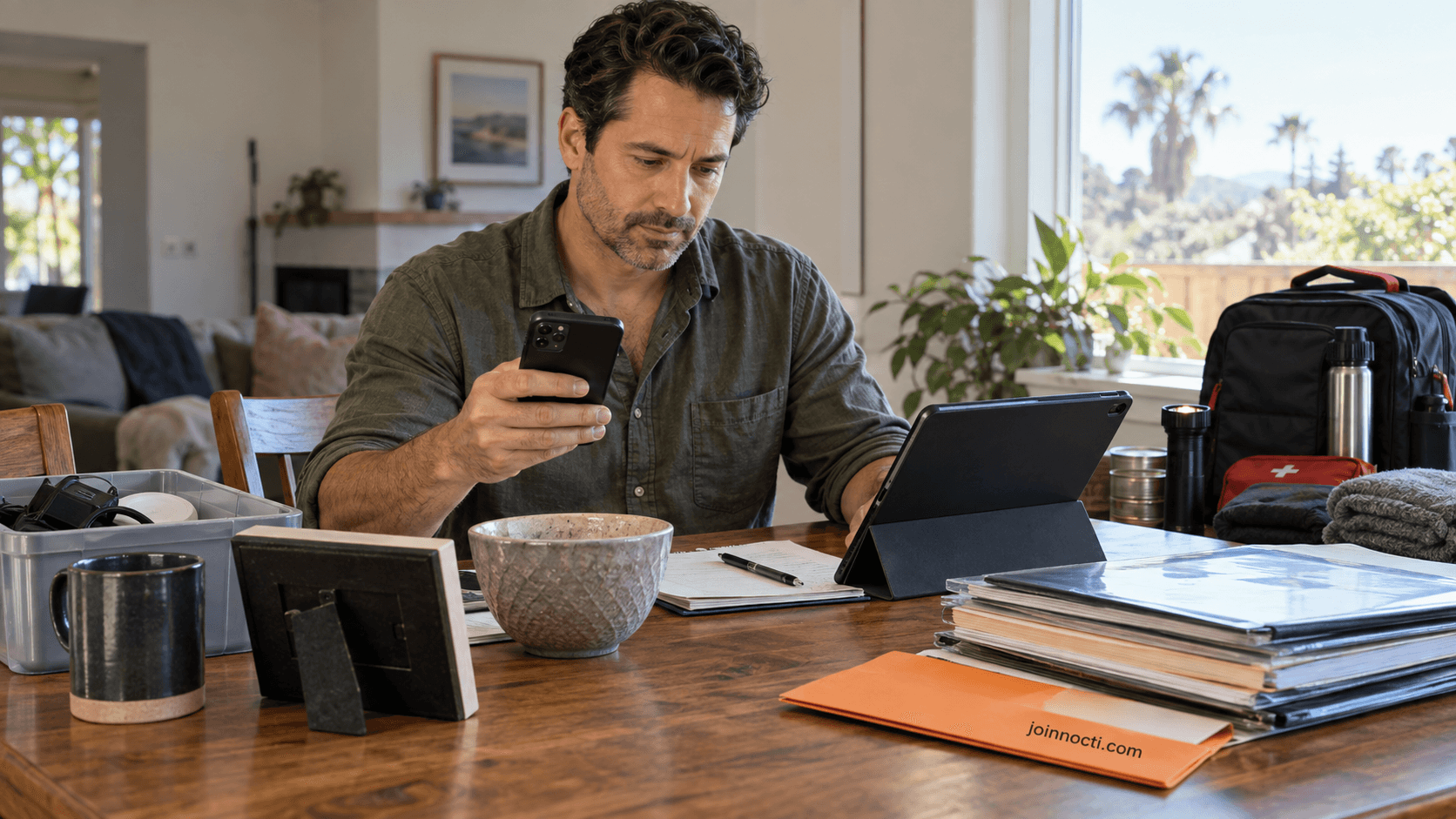 Man at a Southern California dining table photographing household property and organizing insurance records before an emergency