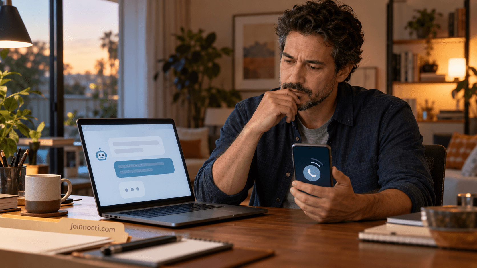 California consumer using a laptop chatbot while checking a phone for a human customer-service callback