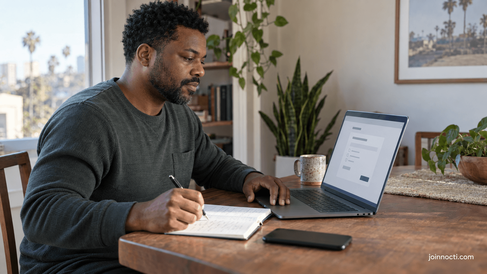 Adult man privately documenting an online incident while using an abstract content-report form on a laptop