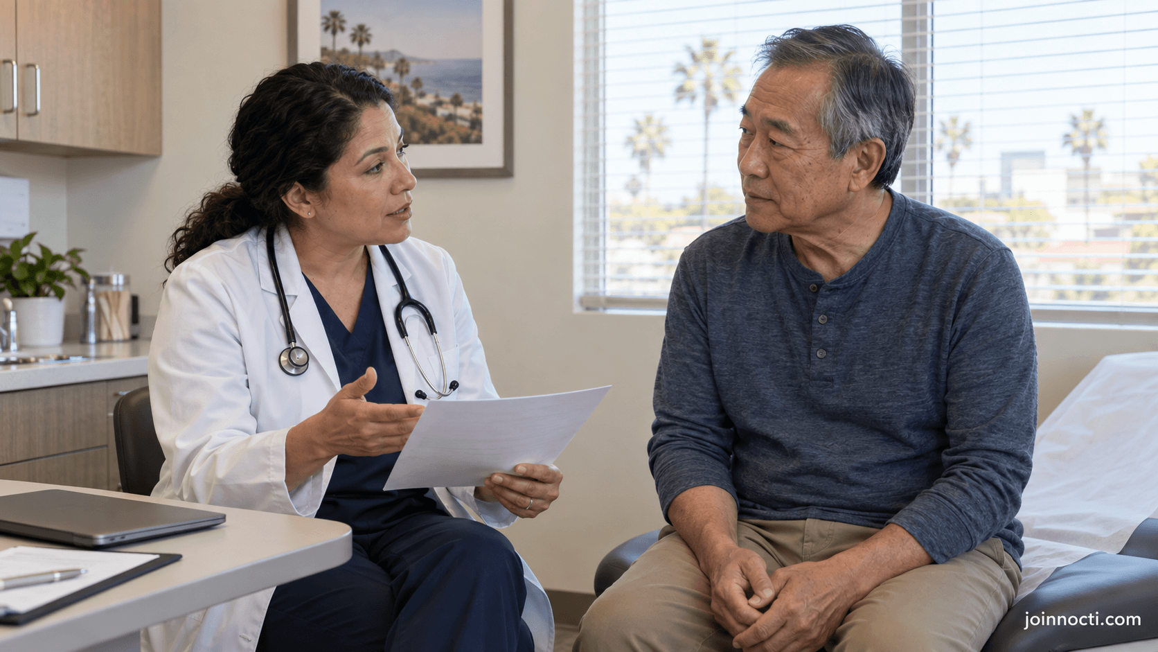 Older man discussing the benefits and limits of PSA screening with a physician in a Southern California clinic