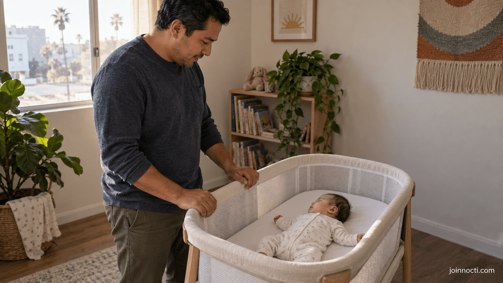 Father checking an infant sleeping on their back in a bare bassinet at home