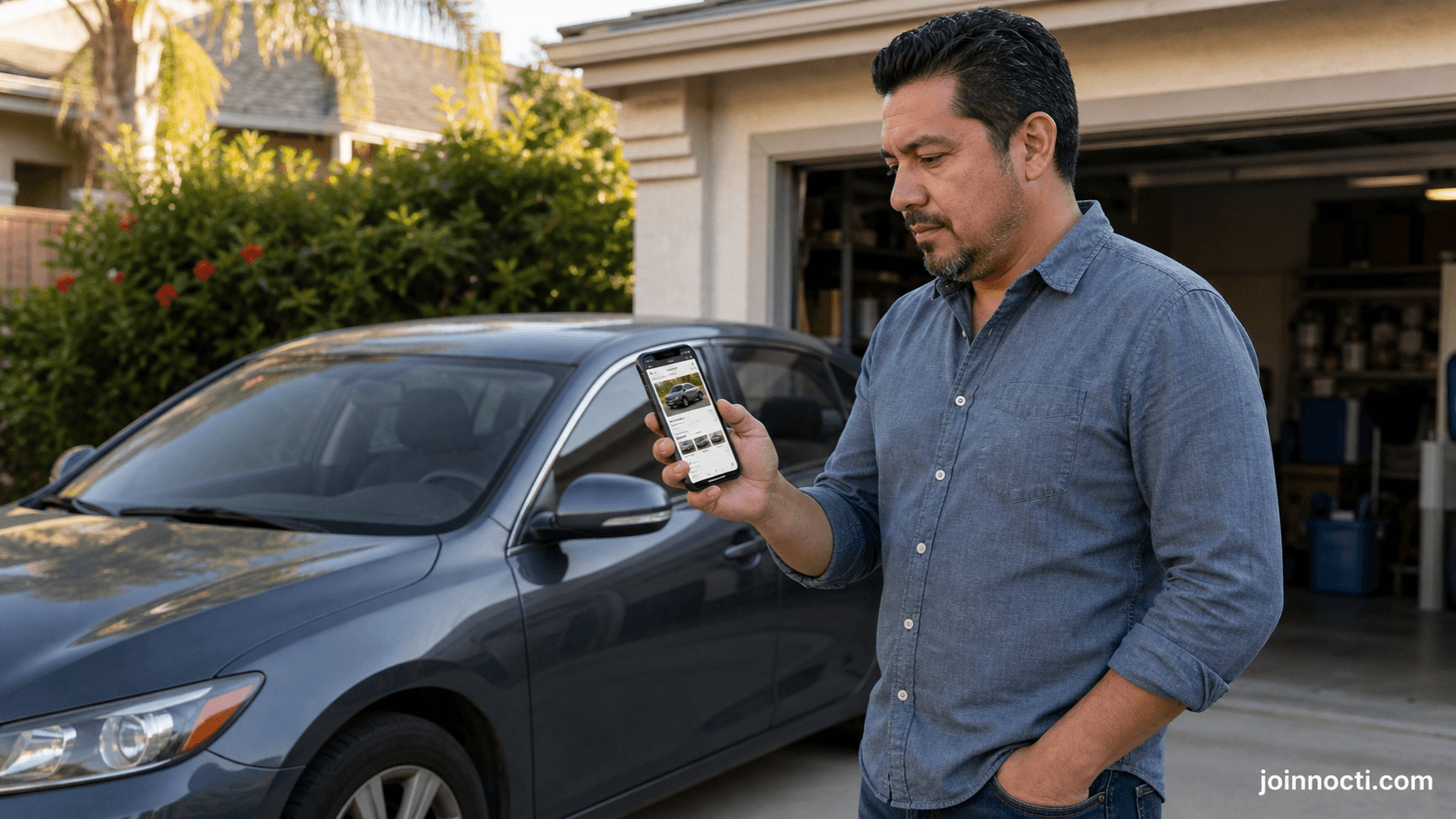 Man in a Southern California driveway comparing a generic online vehicle listing on his phone with a parked used car