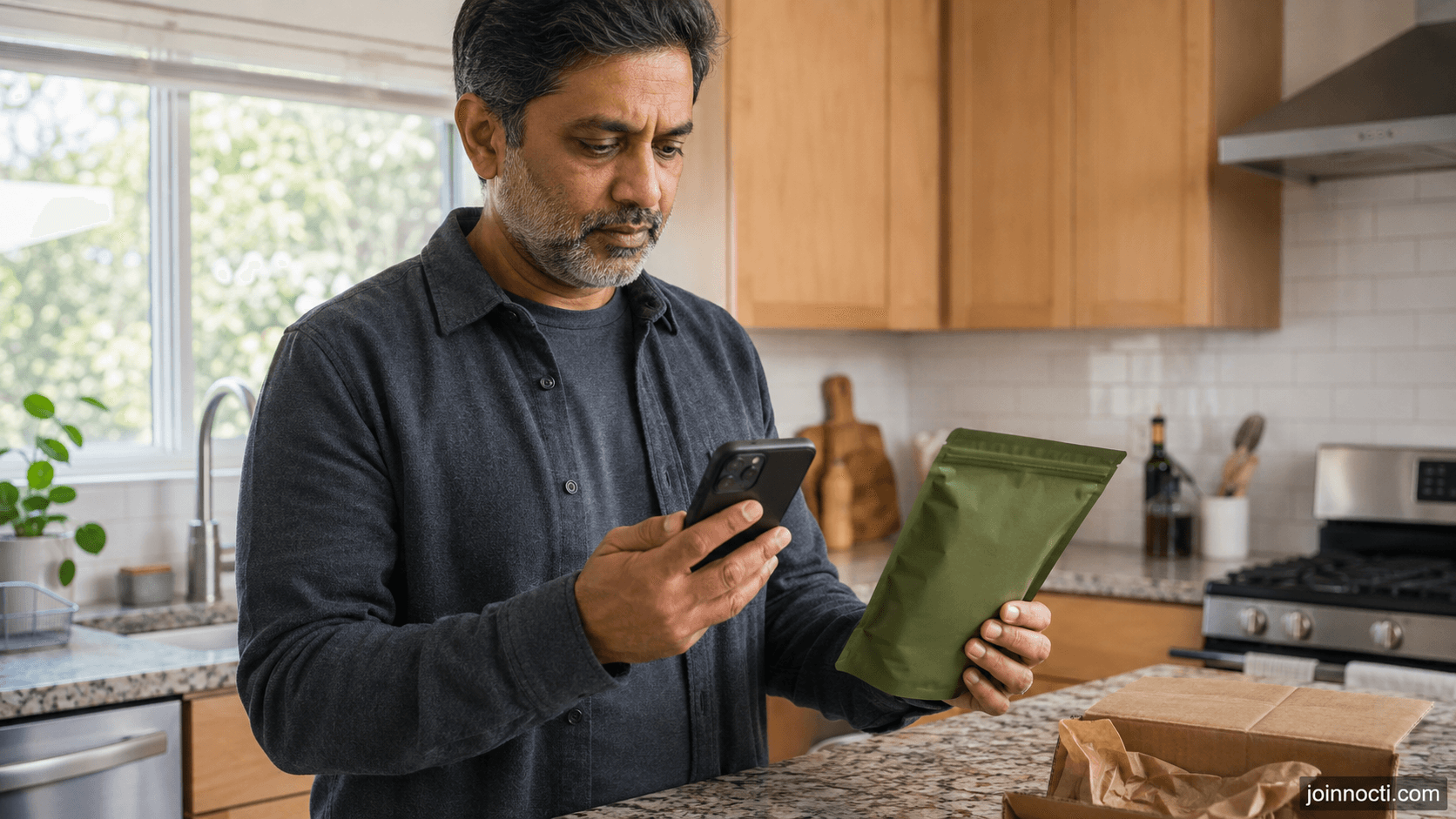 Man in a home kitchen checking a generic green powder pouch against a recall notice on his phone