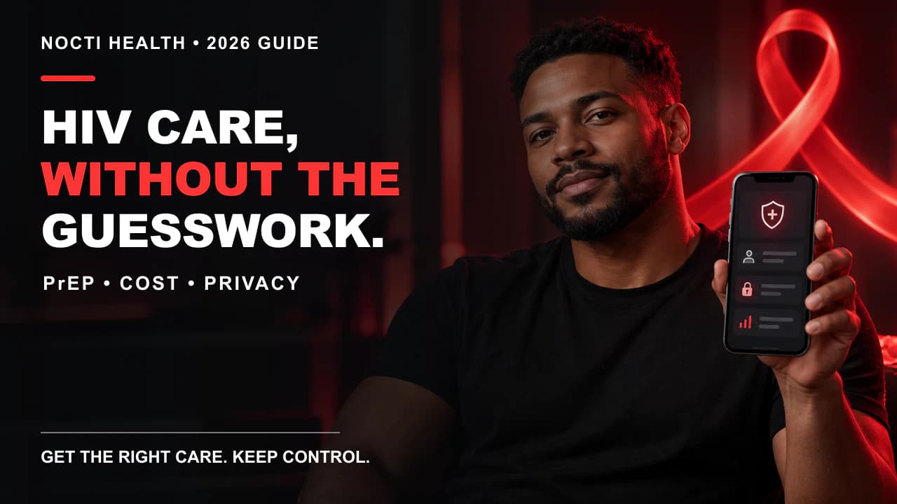 Adult man holding a private health app beside a red HIV awareness ribbon and a PrEP cost and privacy headline