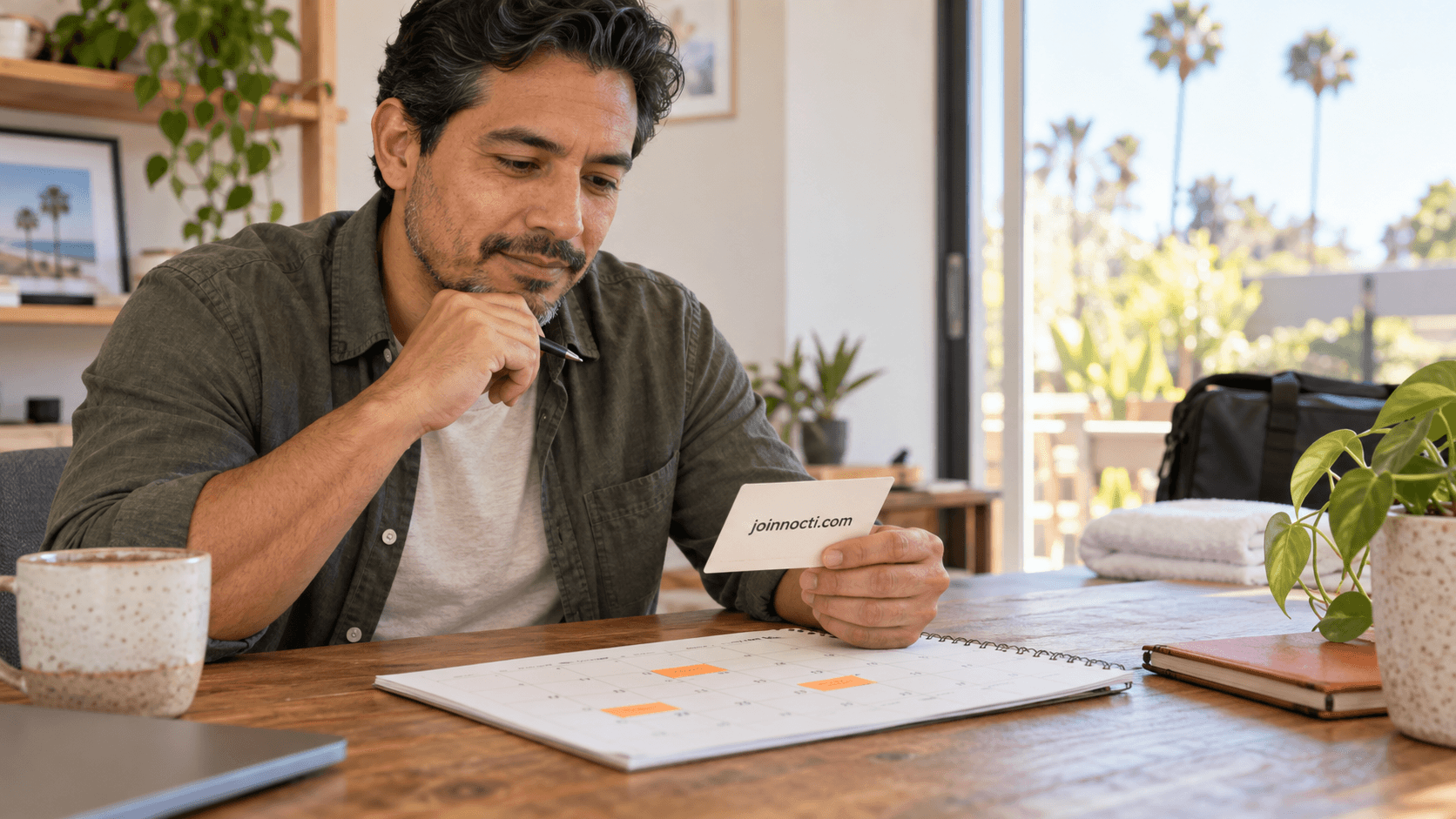 Man reviewing a calendar and appointment card while deciding how often to book massage