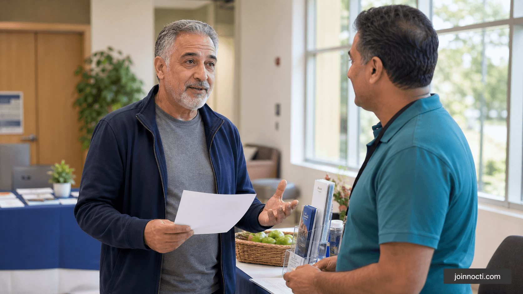 Older man speaking with a community health volunteer while holding a checklist in a bright Southern California community center