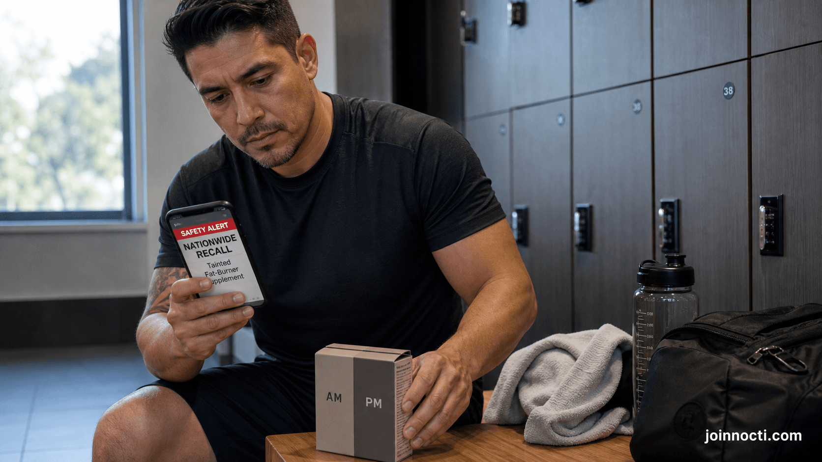 Photorealistic NOCTI editorial image of a man at a gym reading a fat-burner recall alert and setting aside a generic AM/PM supplement box