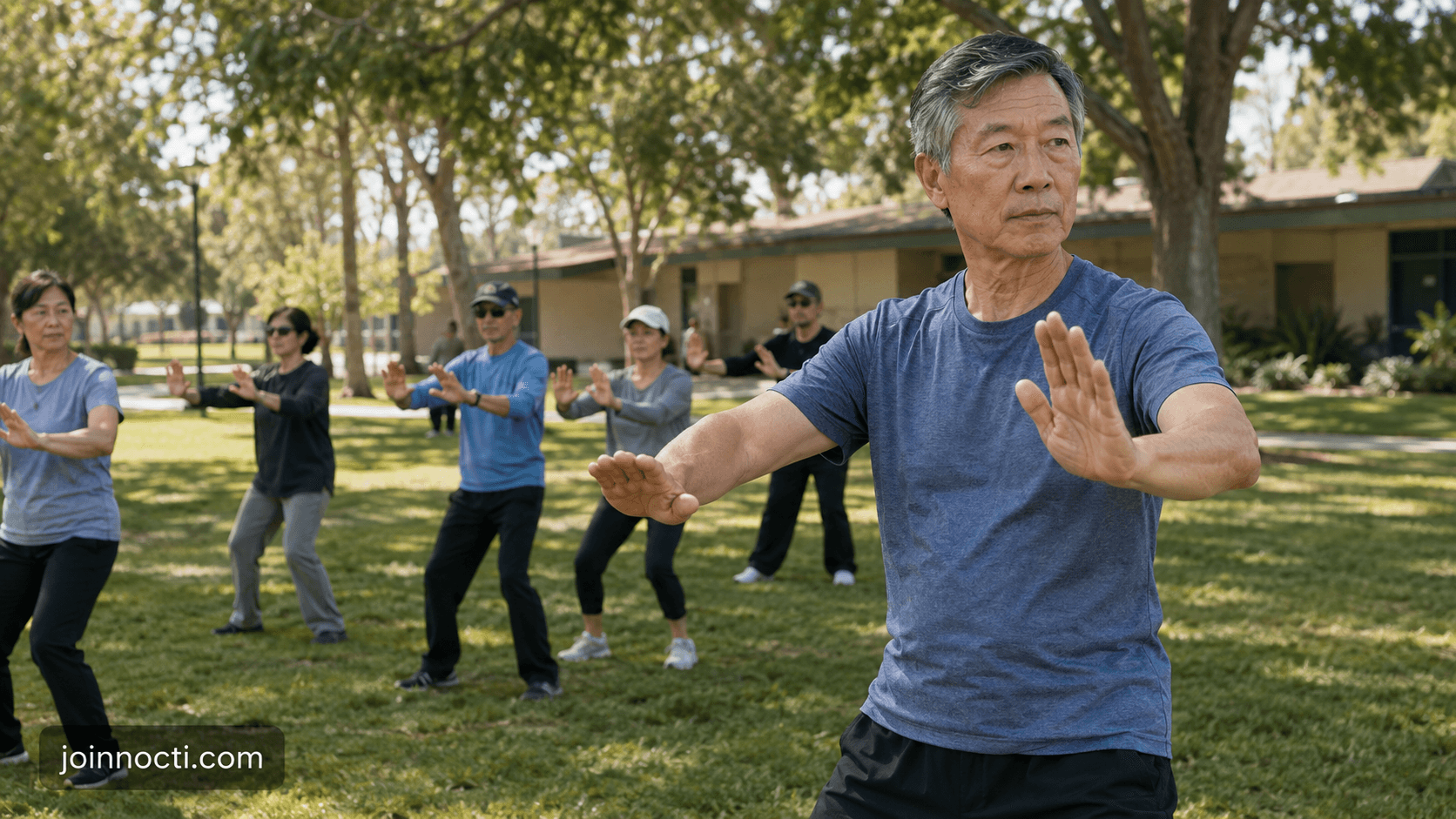 Older man practicing tai chi with a small adult community fitness class in a leafy Long Beach park