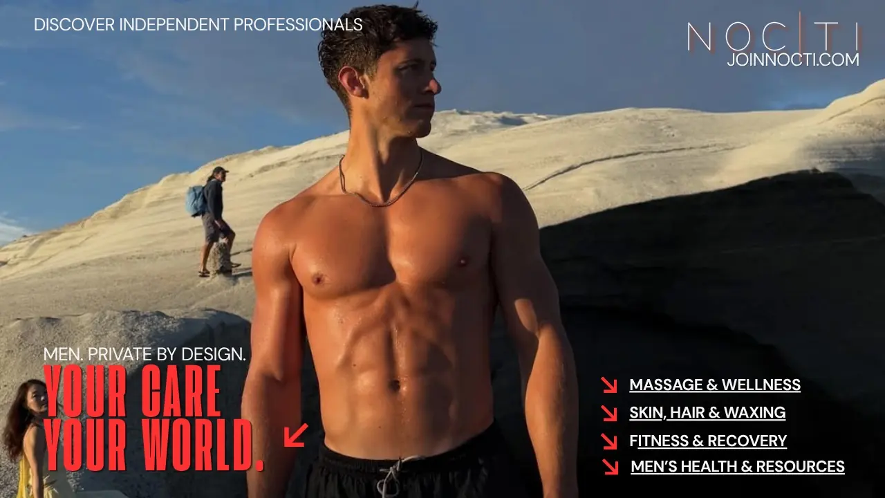NOCTI editorial banner featuring an adult male model outdoors for a story about massage careers