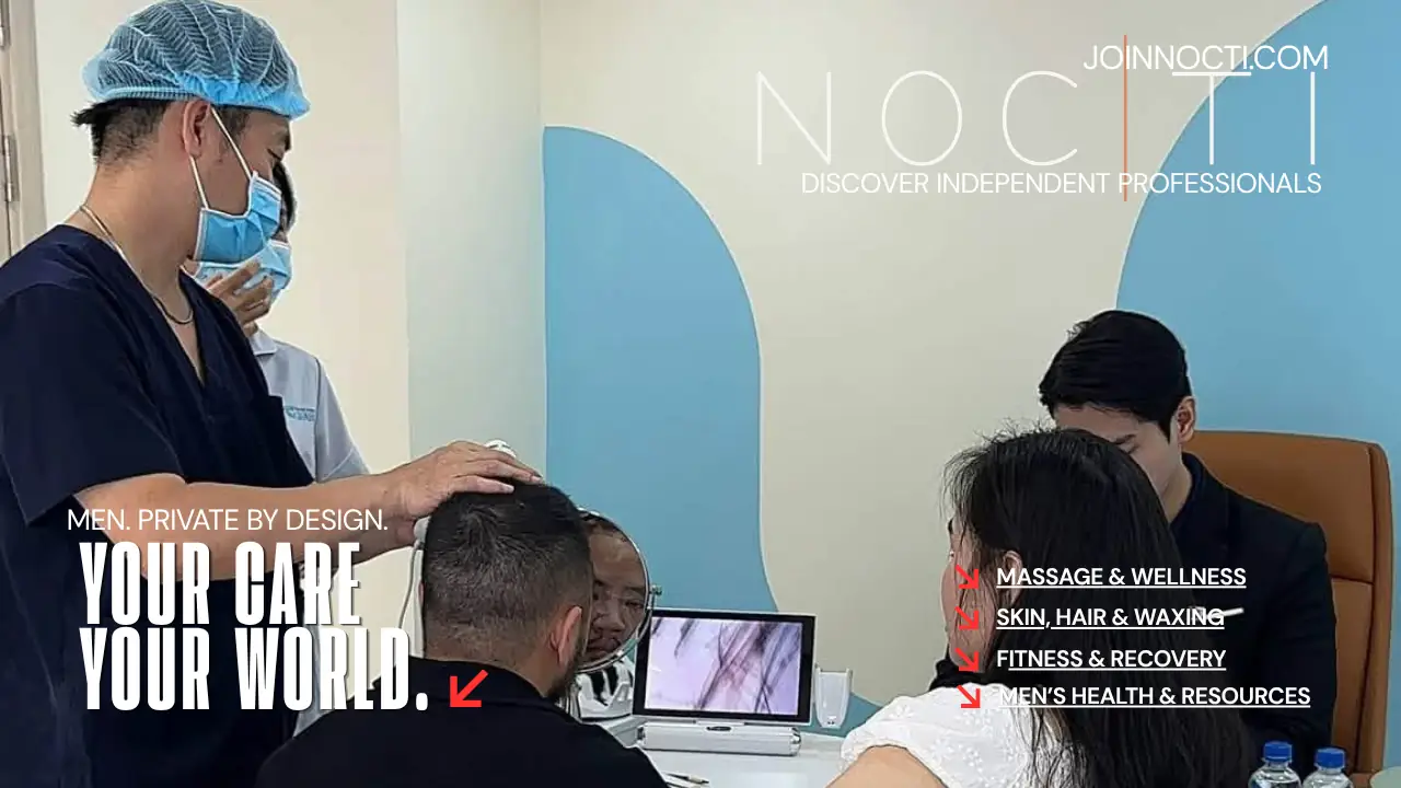 NOCTI editorial health image showing adult professionals and clients during a scalp consultation