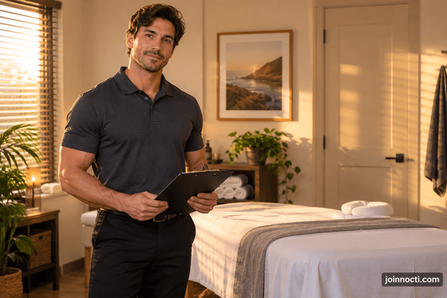 Fictional male massage professional holding a clipboard beside a fully draped treatment table in a warm, professional studio