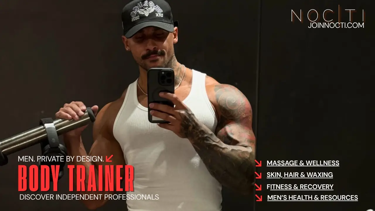 NOCTI men’s care banner featuring an adult male editorial model taking a gym mirror photo