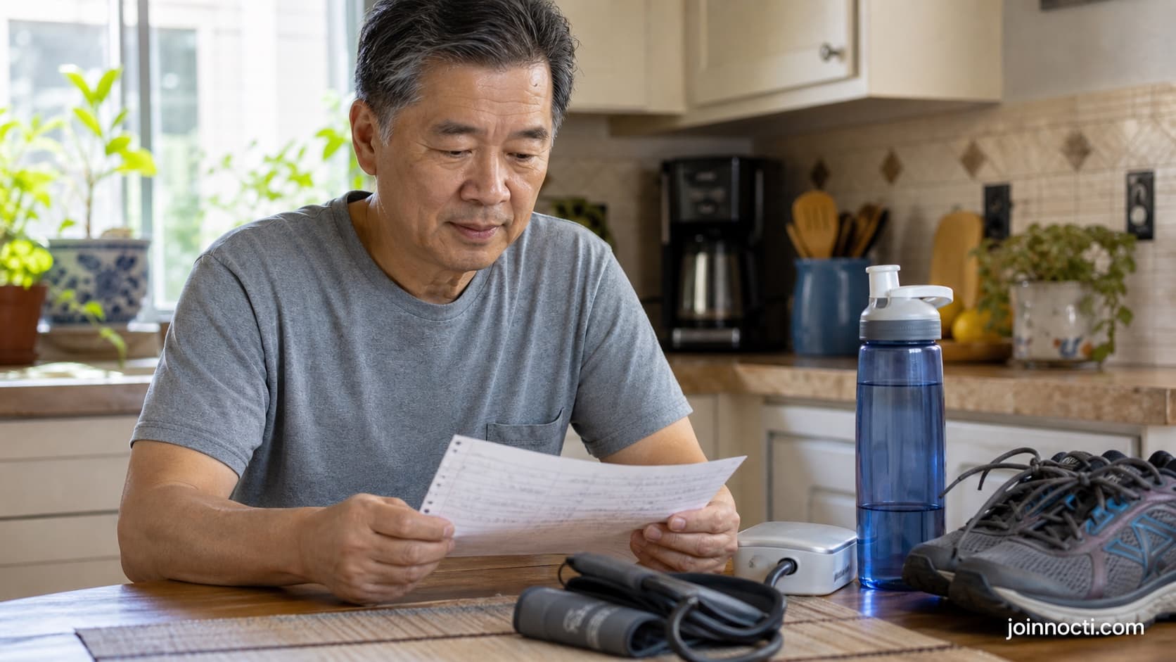 Vietnamese American man at a kitchen table reviewing a health checklist beside a blood-pressure cuff, walking shoes and water bottle