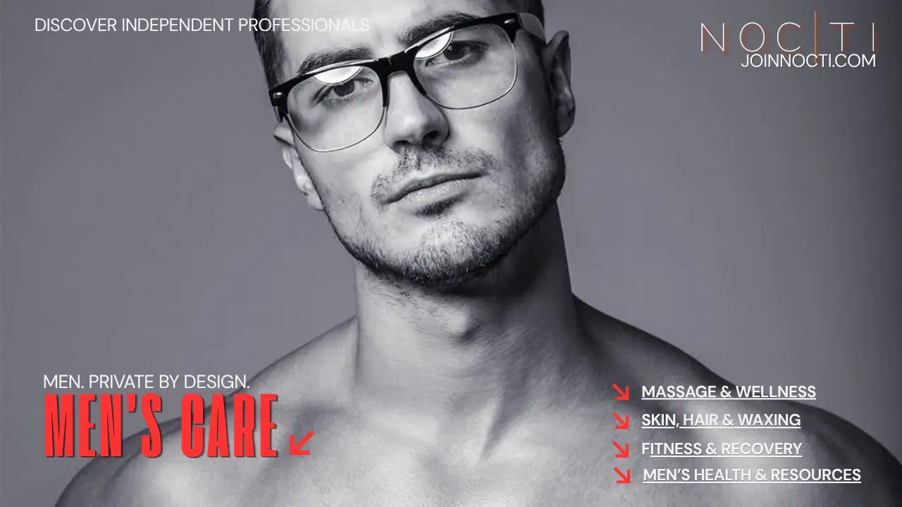 Black-and-white NOCTI fitness banner featuring an adult male model wearing glasses