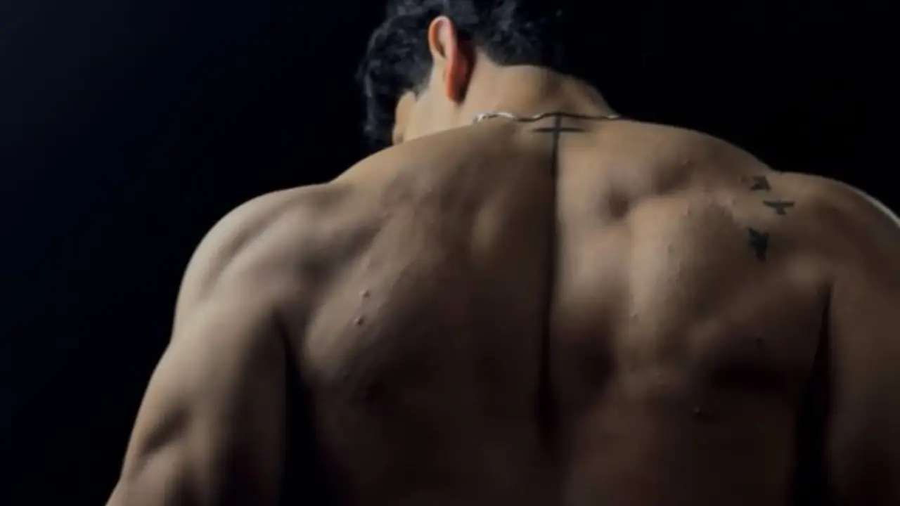 Cropped editorial fitness image showing the back of an adult male athlete in a dark gym