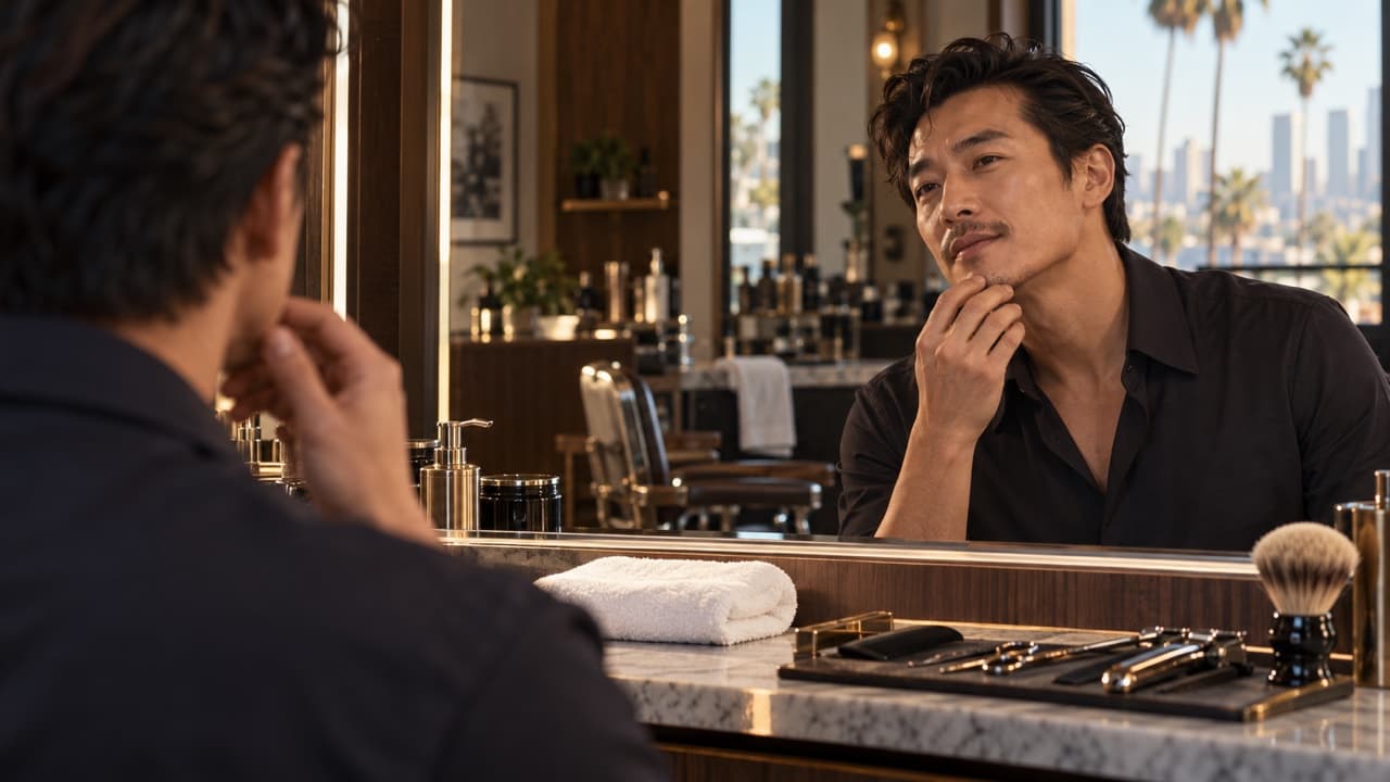 Adult man considering a new moustache style in a modern Los Angeles barbershop mirror