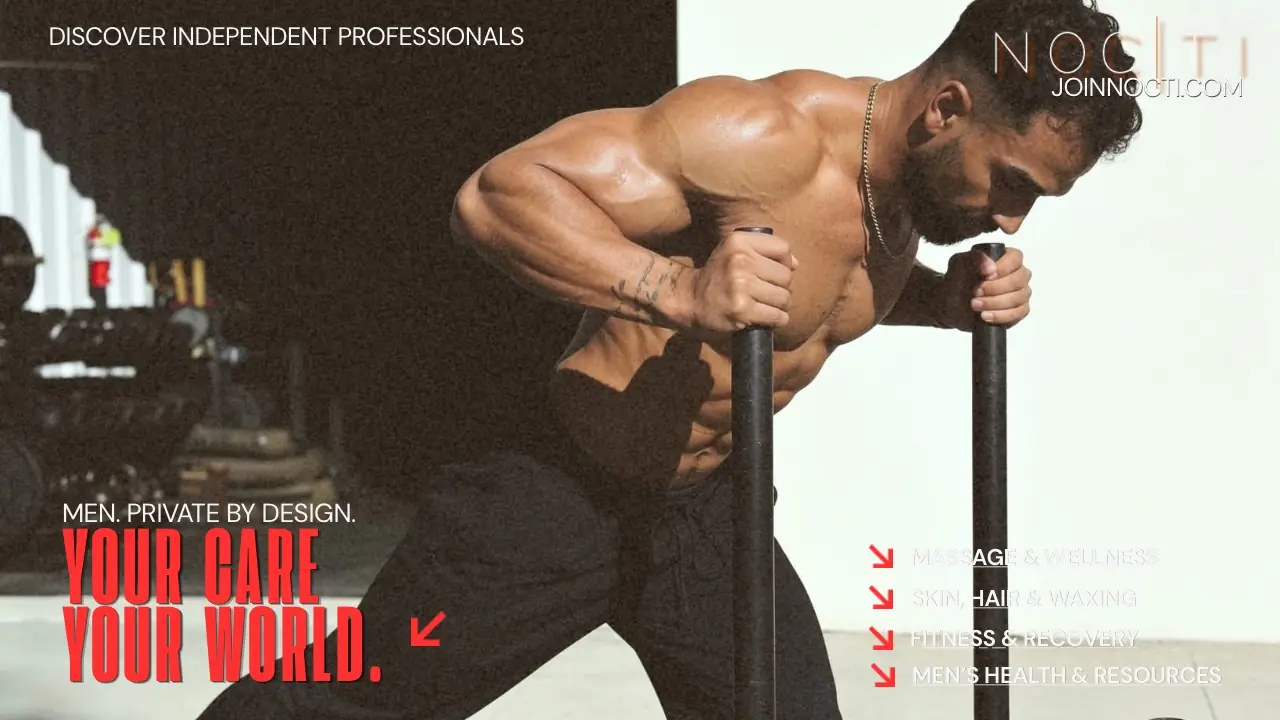 Adult male athlete pushing a weighted sled in a NOCTI editorial banner about workout recovery warning signs