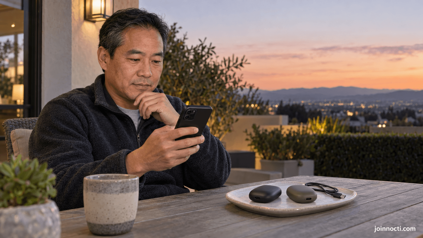 Man checking a consumer recall notice beside two unused generic rechargeable hand warmers on a patio table