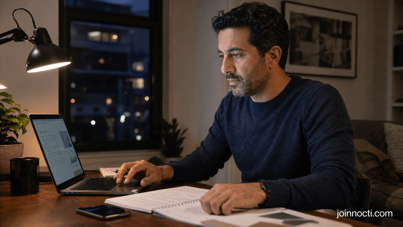 Man at a home desk comparing an online wellness claim with independent health sources on a laptop and printed notes